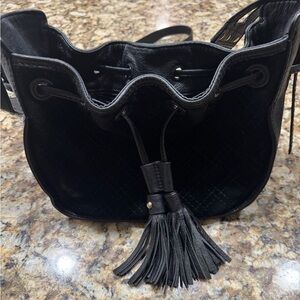 Isabella Fiore Designer Bucket Bag Black Leather, Suede, Leather Tassels